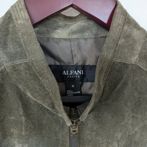 Alfani Leather Suede Short Boho Biker Standup Neck Jacket Dark Olive Green - Picture 6 of 14